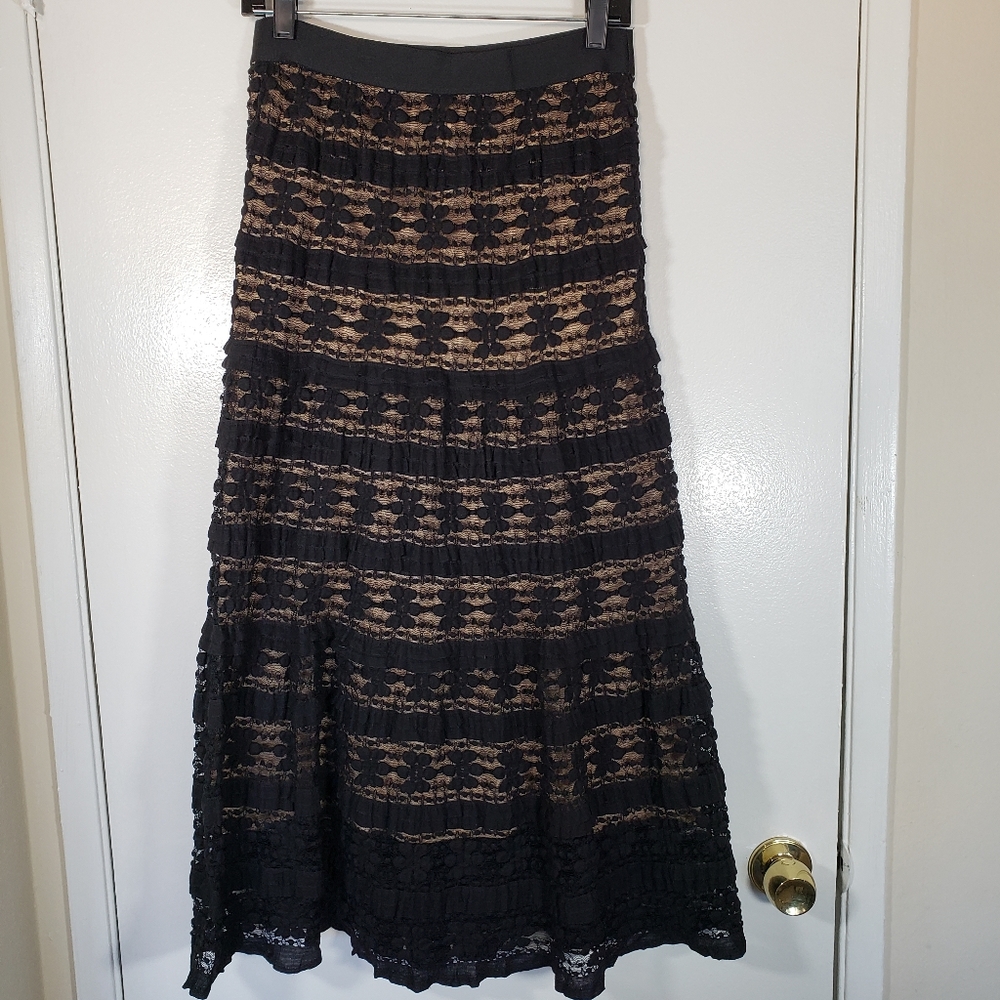 Max Studio Black Lace Layered Elastic Waistband Maxi Skirt Size S